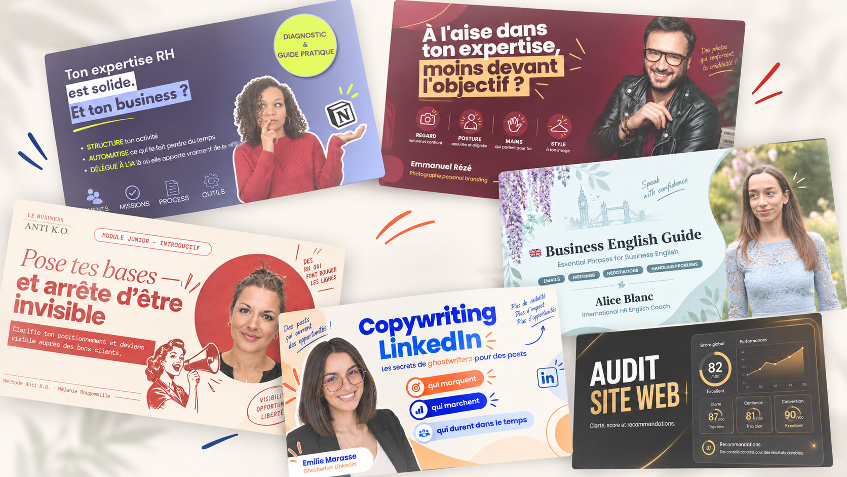 Exemples de ressources et modules proposés : expertise RH, personal branding, business, anglais professionnel, copywriting LinkedIn et audit de site web.